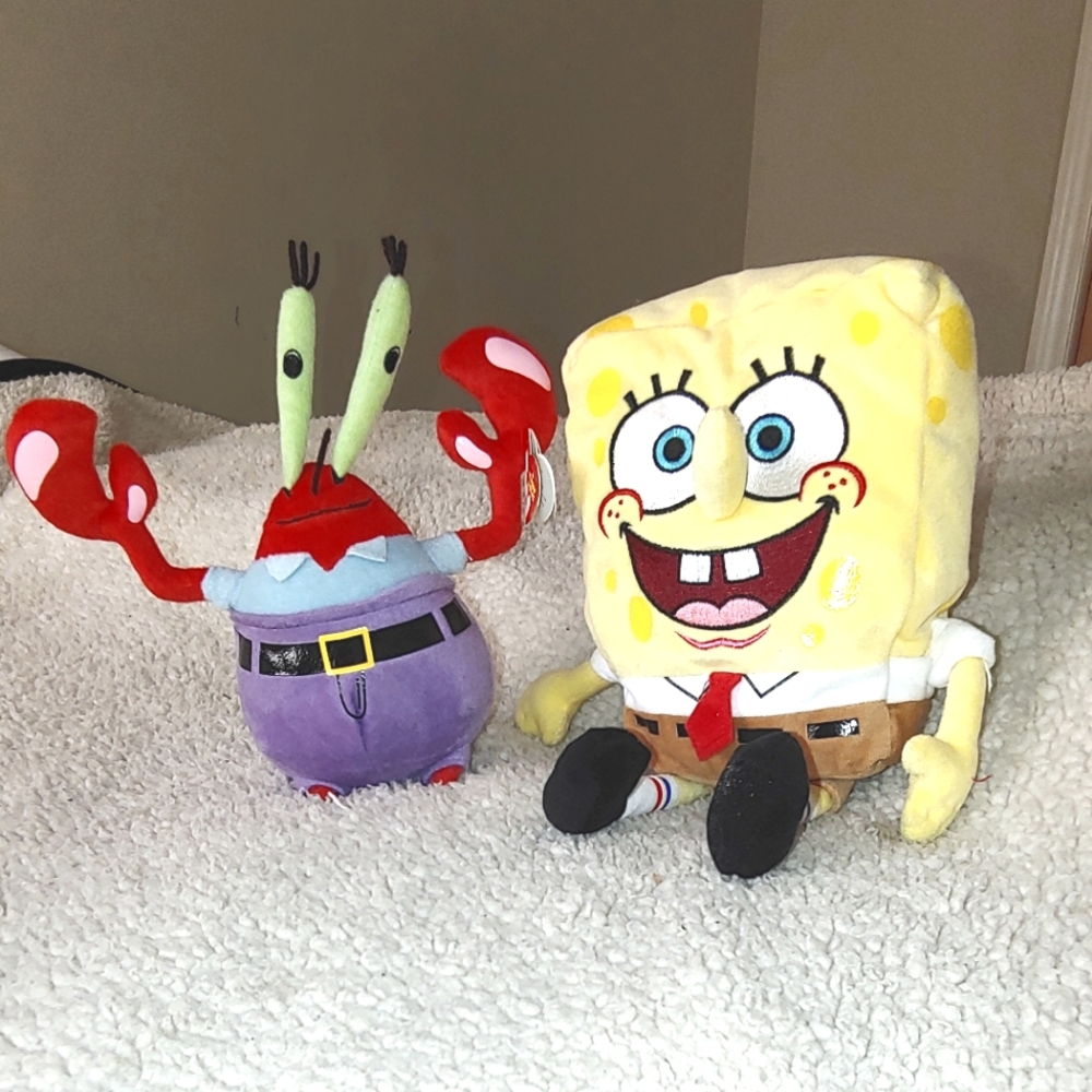 SpongeBob and Mr. Krabs Ty x Nickelodean Beanie Babies Stuffed Collection.